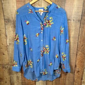 Fig and Flower Blue Floral Embroidered Roll Tab Button Down Top Large Boho L